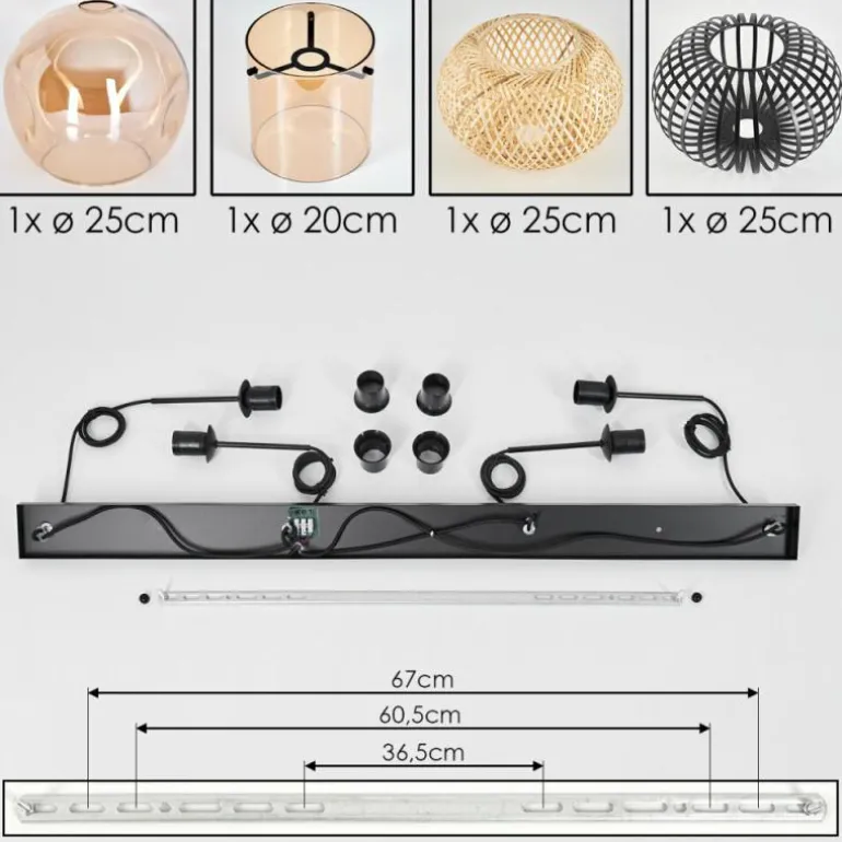 Suspension - Verre 25 cm, 20cm Ripoll Ambre, Écru, Noir, 4 lumières