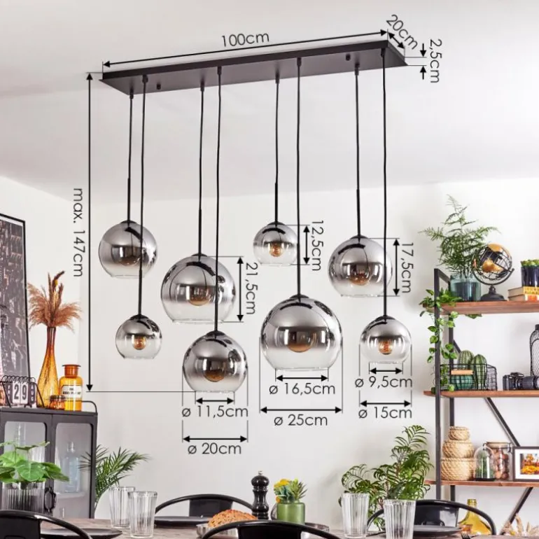 Suspension - Verre Koyoto Clair, Fumé, 8 lumières