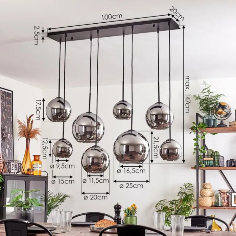 Suspension - Verre Koyoto Chrome, Fumé, 8 lumières