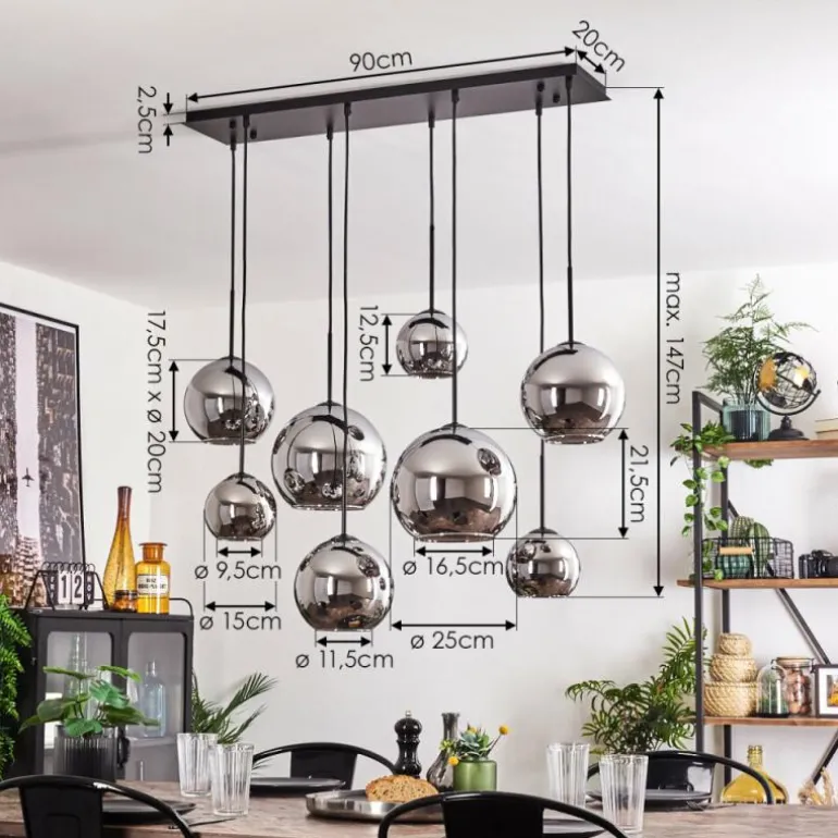 Suspension - Verre Koyoto Chrome, Fumé, 8 lumières