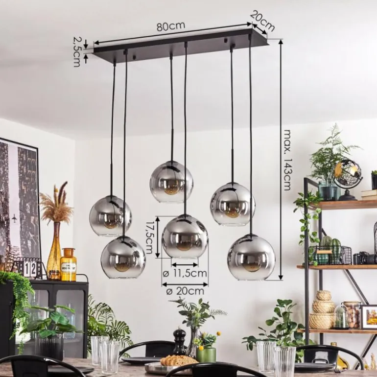 Suspension - Verre Koyoto Clair, Fumé, 6 lumières