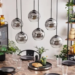 Suspension - Verre Koyoto Clair, Fumé, 6 lumières