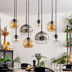 Suspension - Verre Koyoto Ambre, Chrome, Clair, Fumé, 8 lumières