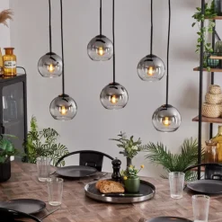 Suspension - Verre Koyoto Clair, Fumé, 6 lumières