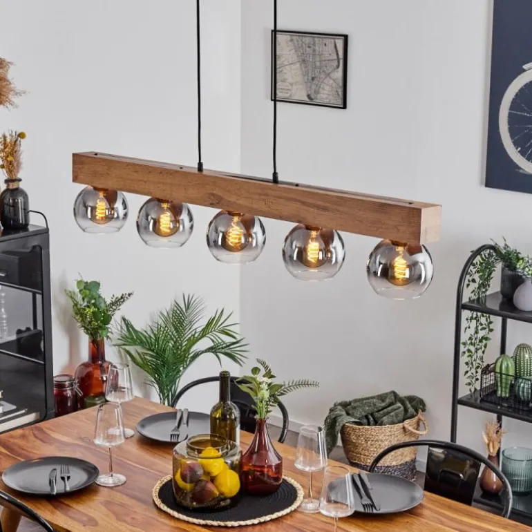 Suspension Vouhet Brun, Couleur bois, Noir, 5 lumières