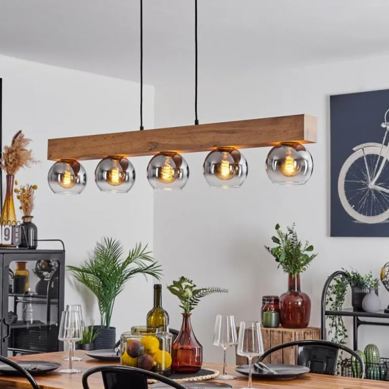 Suspension Vouhet Brun, Couleur bois, Noir, 5 lumières