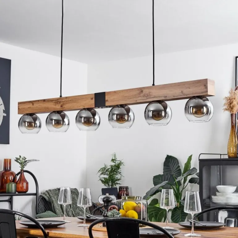 Suspension Vouhet Brun, Couleur bois, Noir, 6 lumières