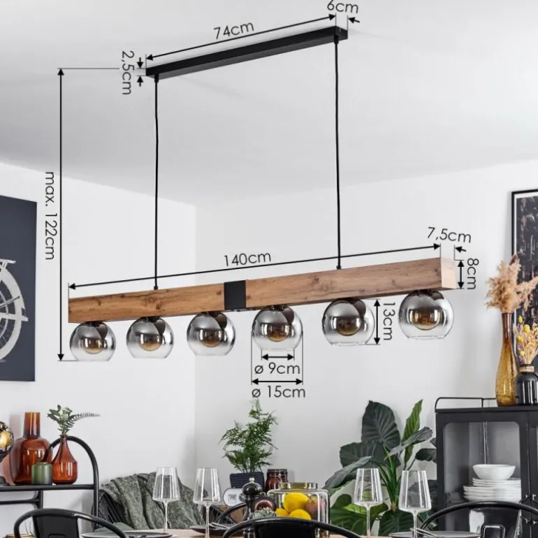 Suspension Vouhet Brun, Couleur bois, Noir, 6 lumières