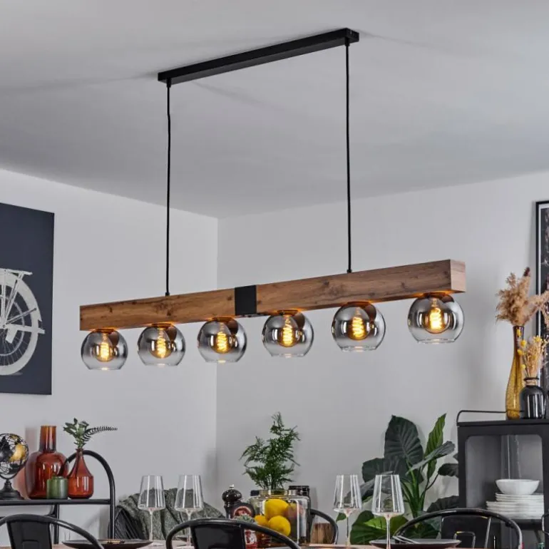 Suspension Vouhet Brun, Couleur bois, Noir, 6 lumières