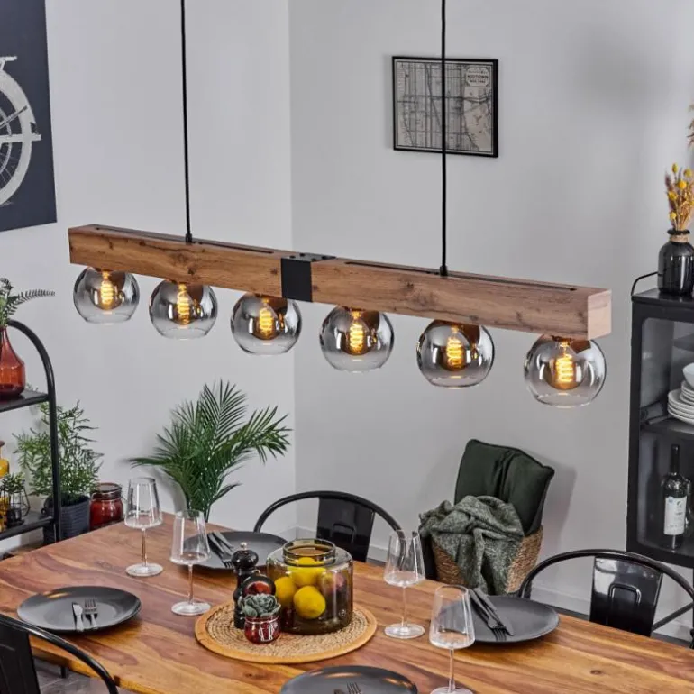 Suspension Vouhet Brun, Couleur bois, Noir, 6 lumières