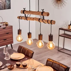 Suspension Ajaccio Bois clair, Noir, 4 lumières