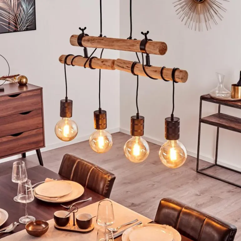 Suspension Ajaccio Bois clair, Noir, 4 lumières