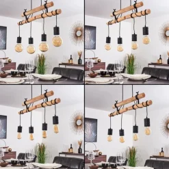 Suspension Ajaccio Bois clair, Noir, 4 lumières