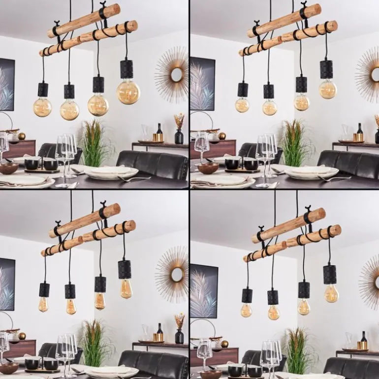 Suspension Ajaccio Bois clair, Noir, 4 lumières