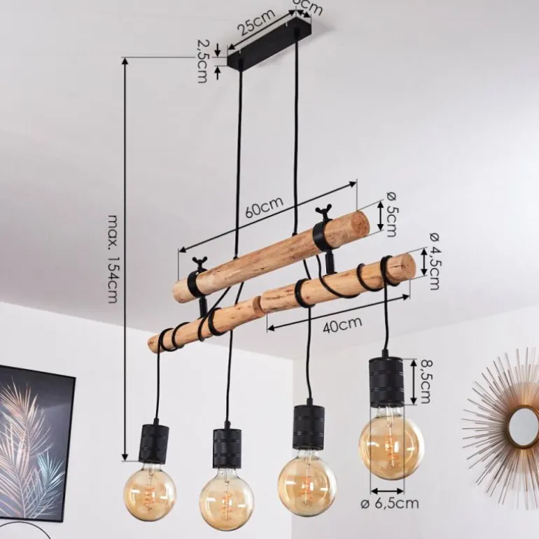 Suspension Ajaccio Bois clair, Noir, 4 lumières