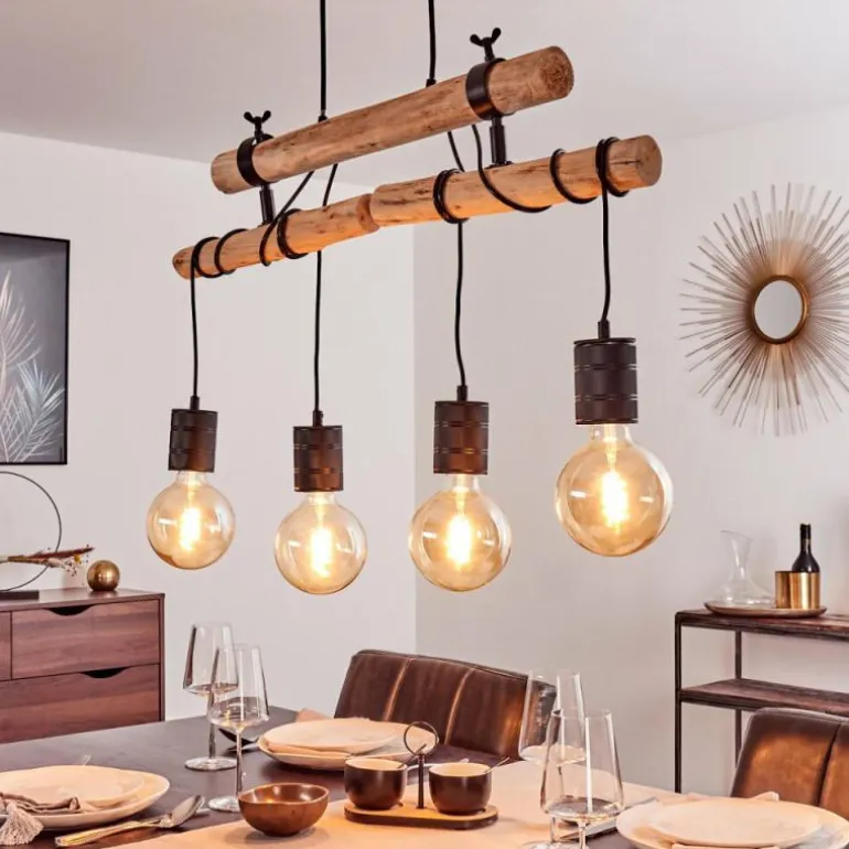 Suspension Ajaccio Bois clair, Noir, 4 lumières