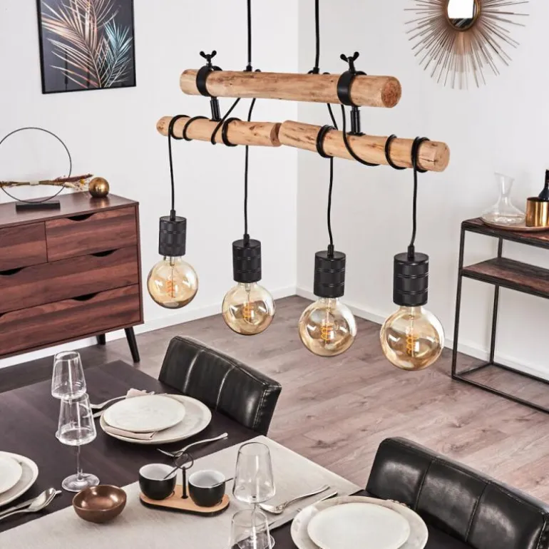 Suspension Ajaccio Bois clair, Noir, 4 lumières