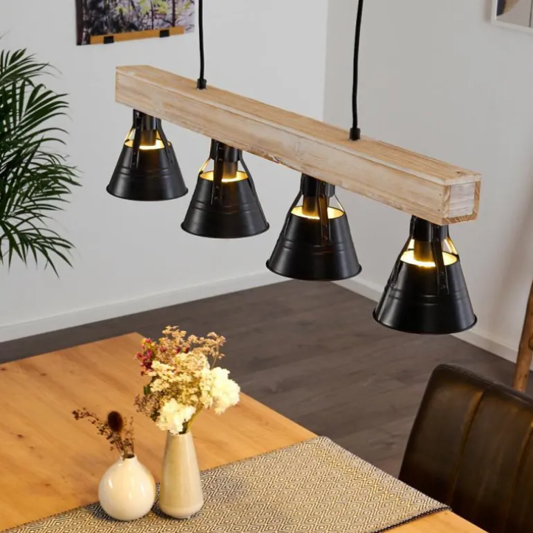Suspension Berkeley Bois clair, Noir, 4 lumières