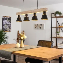 Suspension Berkeley Bois clair, Noir, 4 lumières