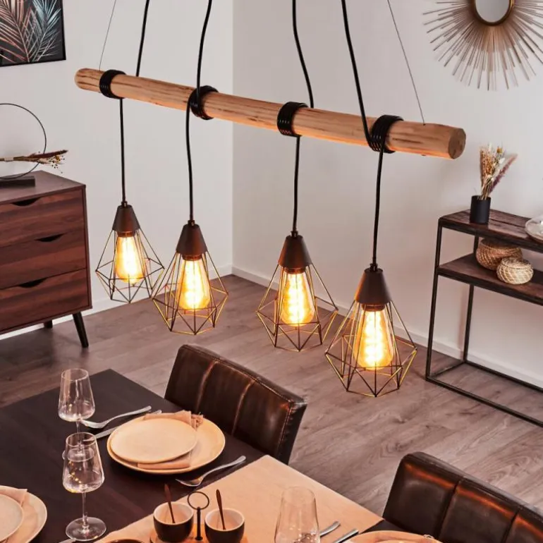 Suspension Betsele Bois clair, Noir, 4 lumières