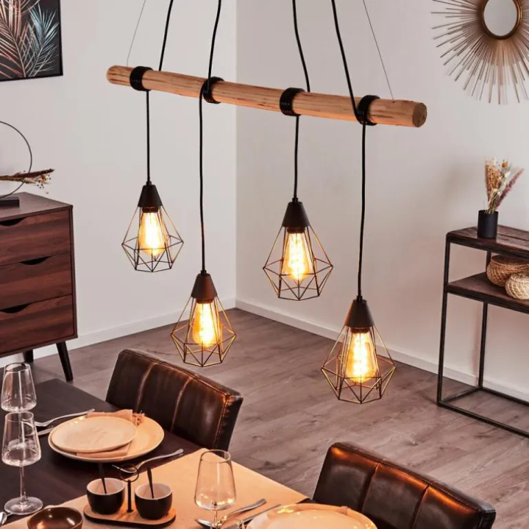 Suspension Betsele Bois clair, Noir, 4 lumières