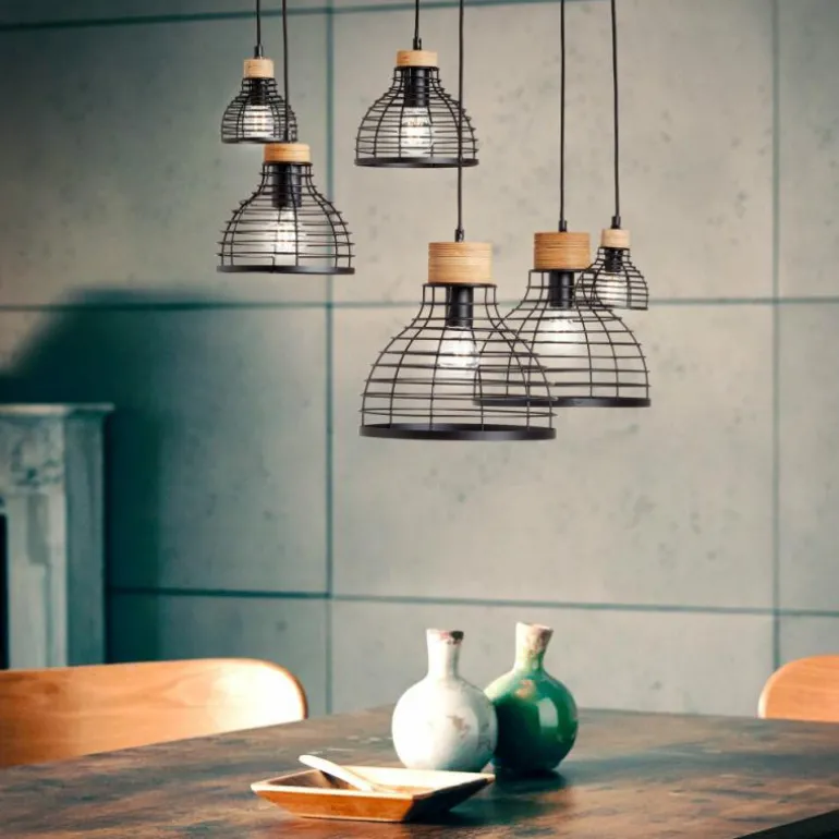 Suspension Brilliant Avia Bois clair, Noir, 6 lumières