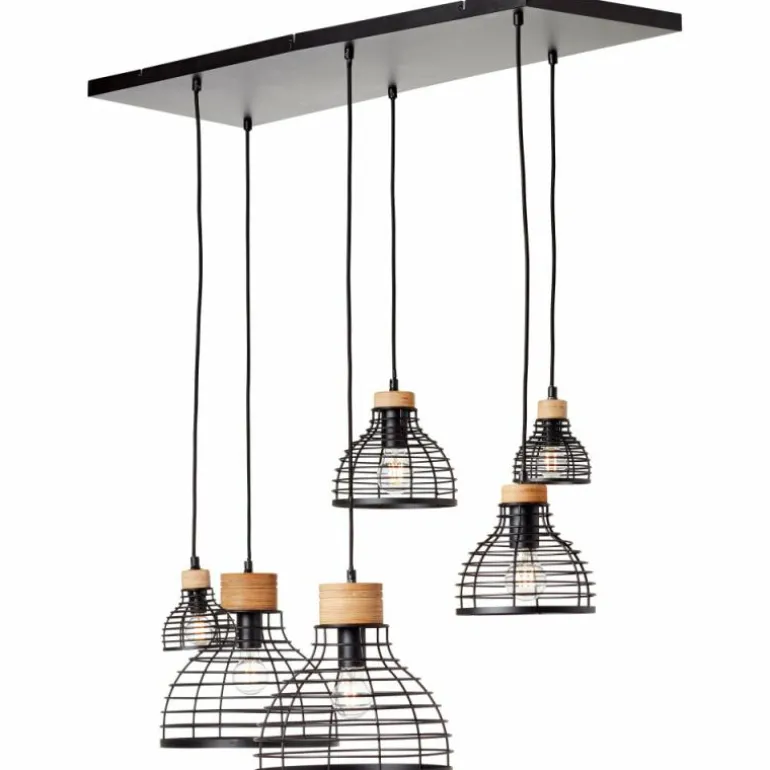 Suspension Brilliant Avia Bois clair, Noir, 6 lumières