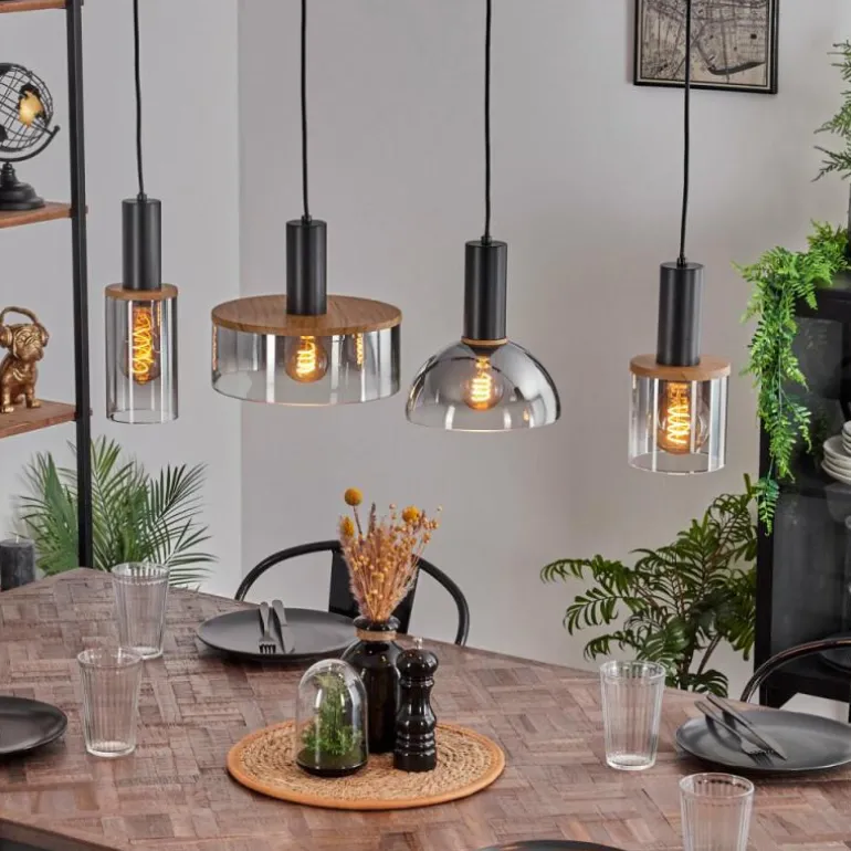 Suspension Classon Couleur bois, Noir, 4 lumières