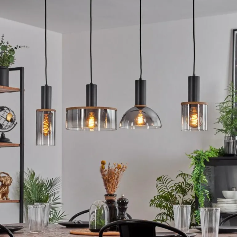 Suspension Classon Couleur bois, Noir, 4 lumières