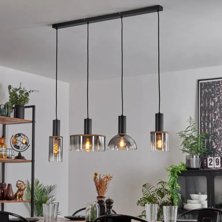Suspension Classon Couleur bois, Noir, 4 lumières