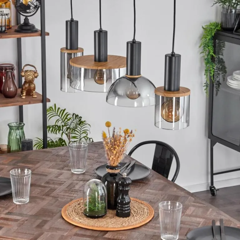 Suspension Classon Couleur bois, Noir, 4 lumières