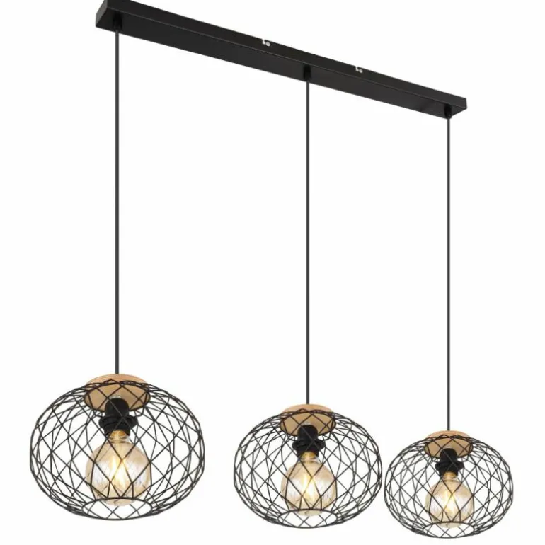 Suspension Globo LACKY Bois clair, Noir, 3 lumières