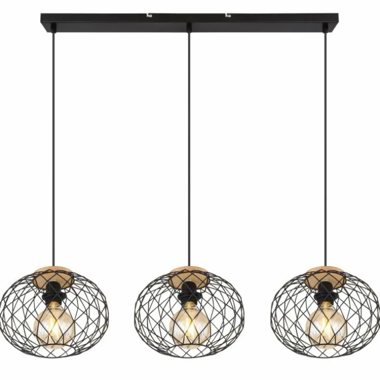 Suspension Globo LACKY Bois clair, Noir, 3 lumières