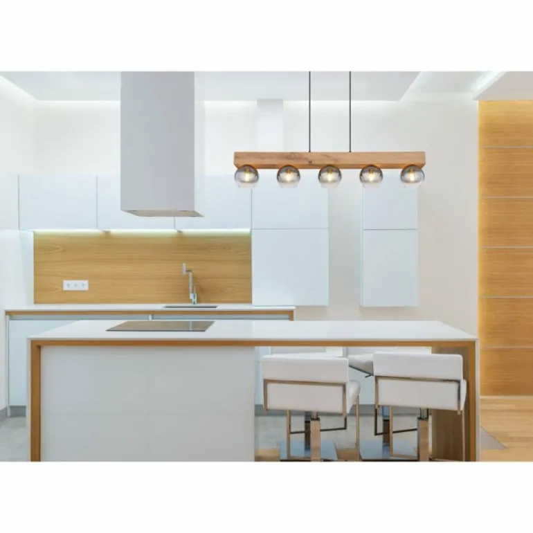 Suspension Globo MOITAS Couleur bois, Noir, 5 lumières