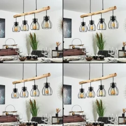 Suspension Gondo Bois clair, Noir, 4 lumières