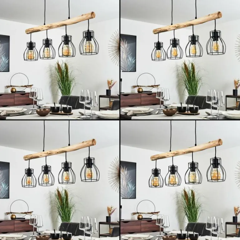 Suspension Gondo Bois clair, Noir, 4 lumières