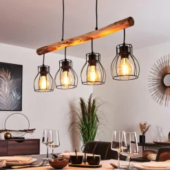 Suspension Gondo Bois clair, Noir, 4 lumières