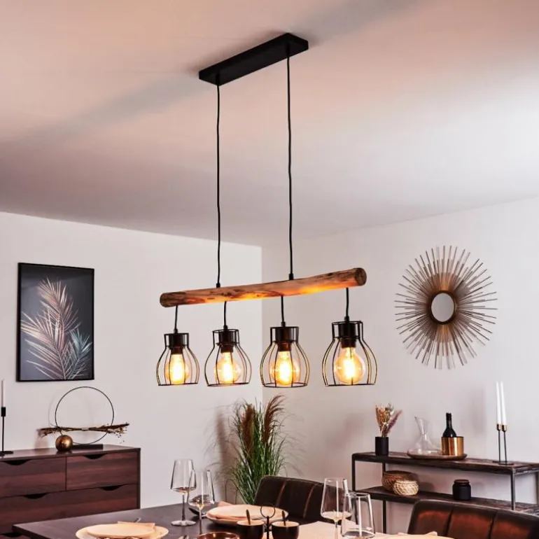 Suspension Gondo Bois clair, Noir, 4 lumières