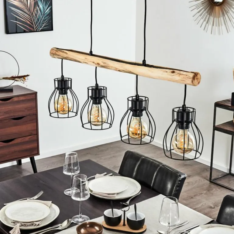 Suspension Gondo Bois clair, Noir, 4 lumières