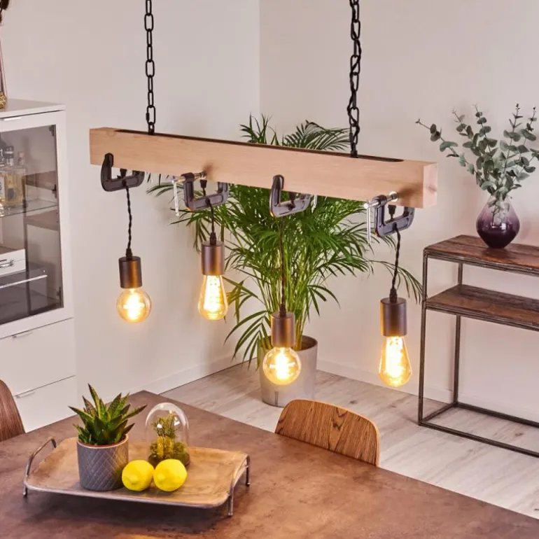 Suspension Hautahi Bois clair, Noir, 4 lumières