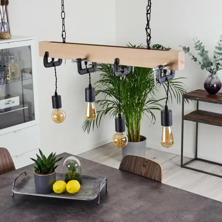 Suspension Hautahi Bois clair, Noir, 4 lumières