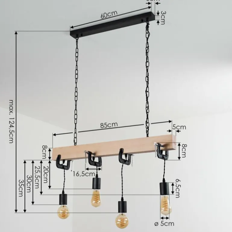 Suspension Hautahi Bois clair, Noir, 4 lumières