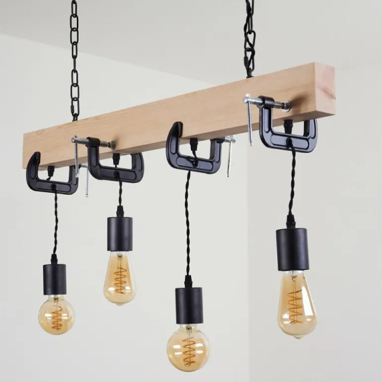 Suspension Hautahi Bois clair, Noir, 4 lumières