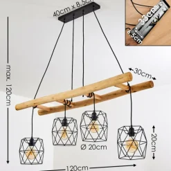 Suspension Kotor Bois clair, Noir, 4 lumières