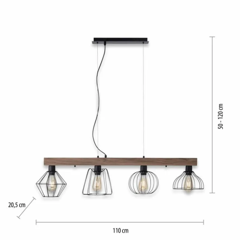 Suspension Leuchten-Direkt KASKA Bois foncé, Noir, 4 lumières