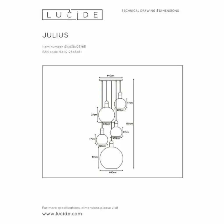 Suspension Lucide JULIUS Noir, 5 lumières