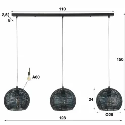 Suspension Ommerlanderwijk Brun, Noir, 3 lumières