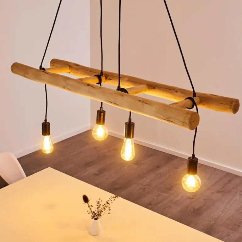 Suspension Palmetto Bois clair, Noir, 4 lumières