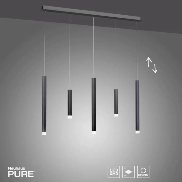 Suspension Paul Neuhaus PURE-GEMIN LED Aluminium, Noir, 5 lumières
