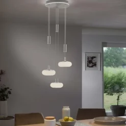 Suspension Paul-Neuhaus Q-ETIENNE LED Acier brossé, 4 lumières, Télécommandes